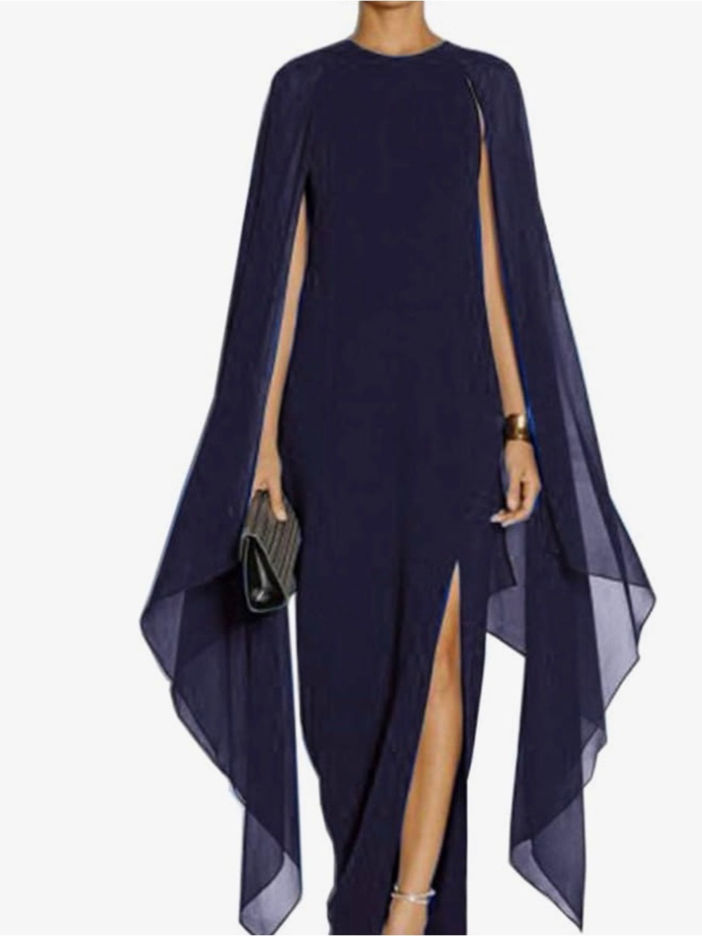 Elegant Navy Cape Sleeve Maxi Dress